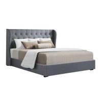 Artiss Queen Size Bed Frame with Gas Lift Storage, Grey Faux Linen, Tufted Headboard, High Density Foam Padding