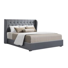 Artiss Queen Size Bed Frame with Gas Lift Storage, Grey Faux Linen, Tufted Headboard, High Density Foam Padding