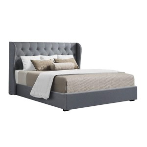 Artiss Queen Size Bed Frame with Gas Lift Storage, Grey Faux Linen, Tufted Headboard, High Density Foam Padding