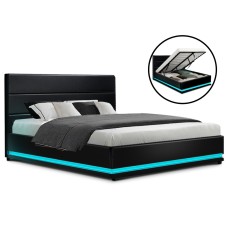 Artiss Double Bed Frame Black PVC Leather with Gas Lift Storage, LED Headboard, 16 Colours, Lumi Series