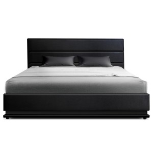 Artiss King Size Bed Frame Black PVC Leather Gas Lift Storage with LED Headboard 16 Colours LUMI