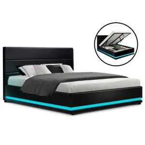 Artiss LUMI Queen Bed Frame - Black PVC Leather, LED Lights, Gas Lift Storage, High Density Foam, 16 Colours