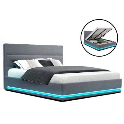 Artiss LUMI Queen Size LED Gas Lift Bed Frame Upholstered Grey with Storage and Remote Lighting High Density Foam