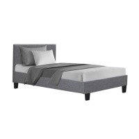 Artiss Neo King Single Bed Frame, Grey - Modern Faux Linen, Padded Headboard, Sturdy Wood & Metal Design
