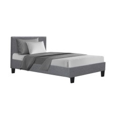 Artiss Neo King Single Bed Frame, Grey - Modern Faux Linen, Padded Headboard, Sturdy Wood & Metal Design