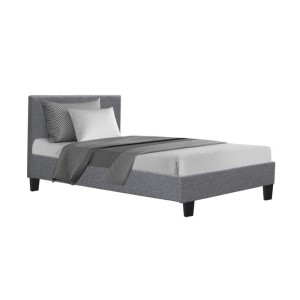 Artiss Neo King Single Bed Frame, Grey - Modern Faux Linen, Padded Headboard, Sturdy Wood & Metal Design