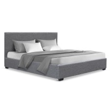 Artiss Nino Double Size Bed Frame Gas Lift Storage Faux Linen Fabric Upholstered Grey with Headboard Sturdy Steel Base