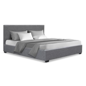 Artiss Nino Double Size Bed Frame Gas Lift Storage Faux Linen Fabric Upholstered Grey with Headboard Sturdy Steel Base