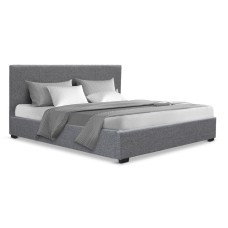 Artiss Nino Queen Size Gas Lift Bed Frame, Grey - Faux Linen Upholstery, Storage, Steel Frame, Padded Headboard