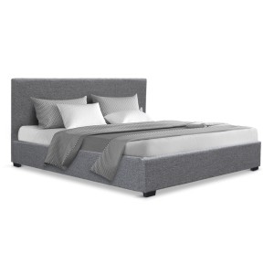 Artiss Nino Queen Size Gas Lift Bed Frame, Grey - Faux Linen Upholstery, Storage, Steel Frame, Padded Headboard