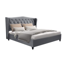 Artiss Pier Double Bed Frame Grey French Provincial Linen Upholstered, Tufted Headboard, Sturdy Steel, 1-Year Warranty