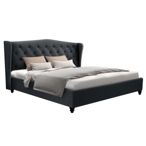 Artiss King Size Bed Frame - Charcoal Pier, French Provincial Design, Linen Upholstery, Steel Frame, Tufted Headboard