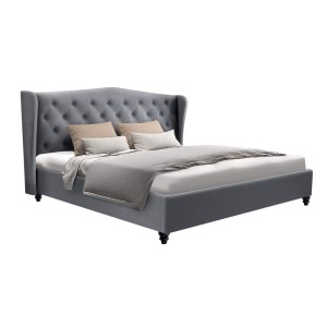 Artiss King Size Pier Bed Frame, Grey - French Provincial Style, Tufted Wing Headboard, Steel & Wood Construction