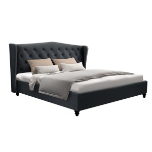 Artiss Pier Queen Bed Frame - Charcoal Linen, Tufted Wing Headboard, Steel & Wood Construction, French Provincial Style