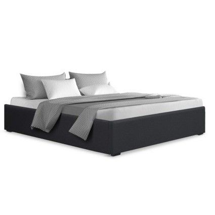 Artiss Toki Double Bed Frame, Gas Lift Storage, Charcoal Linen, Steel Reinforced, Wood Slats, 300kg Capacity
