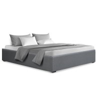 Artiss Toki Double Size Gas Lift Bed Frame Grey Linen Upholstered with Storage Base and Wooden Slats 202x144cm