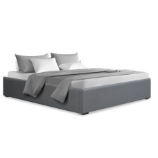 Artiss Toki Double Size Gas Lift Bed Frame Grey Linen Upholstered with Storage Base and Wooden Slats 202x144cm
