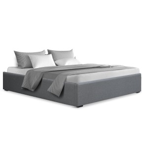 Artiss Toki Double Size Gas Lift Bed Frame Grey Linen Upholstered with Storage Base and Wooden Slats 202x144cm