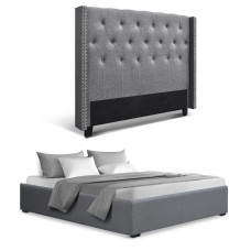 Artiss Queen Bed Frame with Storage - Grey Faux Linen, Gas Lift Base, Tufted Headboard, 300kg Capacity, Easy Assembly