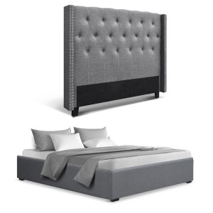 Artiss Queen Bed Frame with Storage - Grey Faux Linen, Gas Lift Base, Tufted Headboard, 300kg Capacity, Easy Assembly