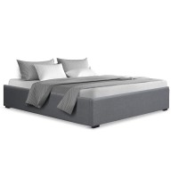 Artiss Toki Queen Size Bed Frame with Gas Lift Storage - Grey Linen, High-Density Foam, Steel Reinforced, Wood Slats