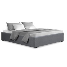 Artiss Toki Queen Size Bed Frame with Gas Lift Storage - Grey Linen, High-Density Foam, Steel Reinforced, Wood Slats