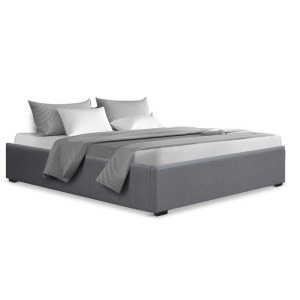 Artiss Toki Queen Size Bed Frame with Gas Lift Storage - Grey Linen, High-Density Foam, Steel Reinforced, Wood Slats