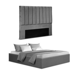 Artiss Double Bed Frame with Storage, Grey Velvet Headboard, Gas Lift Base, 300kg Capacity, Art Deco Design