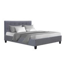 Artiss Vanke Double Size Bed Frame Grey Upholstered Faux Linen, Tufted Headboard, Solid Wood Slats, Sturdy Metal Frame
