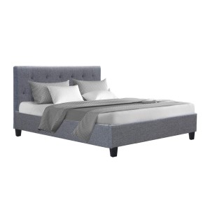 Artiss Vanke Double Size Bed Frame Grey Upholstered Faux Linen, Tufted Headboard, Solid Wood Slats, Sturdy Metal Frame