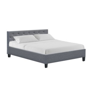 Artiss Vanke Queen Size Bed Frame - Grey Faux Linen, Solid Wood Slats, Tufted Headboard, Metal Legs, 217x160x88cm