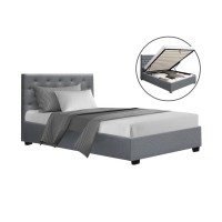 Artiss King Single Bed Frame with Gas Lift Storage, Grey Faux Linen, Tufted Headboard, Steel & Wood Construction