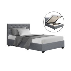 Artiss King Single Bed Frame with Gas Lift Storage, Grey Faux Linen, Tufted Headboard, Steel & Wood Construction