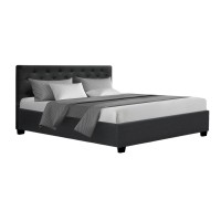 Artiss Vila Queen Bed Frame - Charcoal Faux Linen, Gas Lift Storage, Tufted Headboard, Steel Frame, Wooden Slats