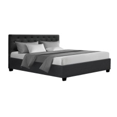 Artiss Vila Queen Bed Frame - Charcoal Faux Linen, Gas Lift Storage, Tufted Headboard, Steel Frame, Wooden Slats
