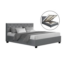 Artiss Queen Size Bed Frame Grey VILA - Gas Lift Storage, Faux Linen, Tufted Headboard, Sturdy Steel & Wood Base