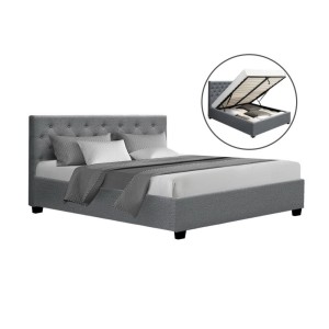 Artiss Queen Size Bed Frame Grey VILA - Gas Lift Storage, Faux Linen, Tufted Headboard, Sturdy Steel & Wood Base