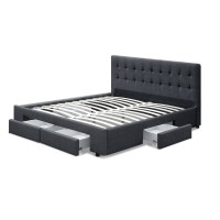 Artiss Avio Double Bed Frame Grey Charcoal, Faux Linen Upholstery, Tufted Headboard, 4 Storage Drawers, 203x148.5cm