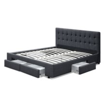 Artiss Avio Double Bed Frame Grey Charcoal, Faux Linen Upholstery, Tufted Headboard, 4 Storage Drawers, 203x148.5cm