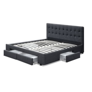 Artiss Avio Double Bed Frame Grey Charcoal, Faux Linen Upholstery, Tufted Headboard, 4 Storage Drawers, 203x148.5cm