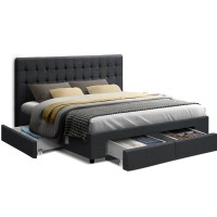 Artiss Avio King Size Bed Frame with 4 Storage Drawers, Charcoal Faux Linen, Tufted Headboard, Steel Frame
