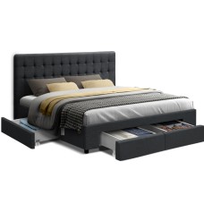 Artiss Avio King Size Bed Frame with 4 Storage Drawers, Charcoal Faux Linen, Tufted Headboard, Steel Frame