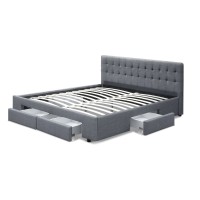 Artiss Avio Bed Frame King Size Grey with 4 Storage Drawers, Tufted Headboard, Linen Fabric, Steel Frame, 216cm