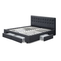 Artiss Avio Queen Bed Frame Charcoal Faux Linen with 4 Storage Drawers, Tufted Headboard, Sturdy Steel Base