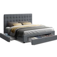 Artiss Avio Queen Bed Frame with 4 Storage Drawers, Tufted Headboard, Faux Linen Upholstery, Grey, 216x164.5x95cm