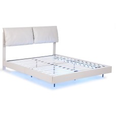 Artiss Double Bed Frame Beige White RGB LED, Floating Design, Adjustable Headboard, PU Leather, 300kg Capacity