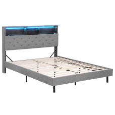 Artiss Double Bed Frame with LED Lights, Storage Shelves, Hidden Storage, Tufted Headboard, Faux Linen Grey