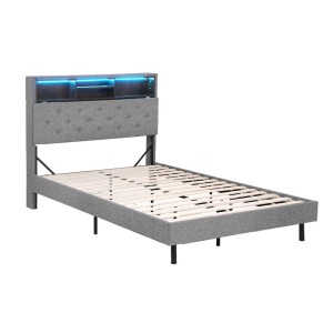 Artiss King Single Bed Frame with LED Lights, Storage Headboard, Hidden Box, Grey Faux Linen, Timber Steel Base