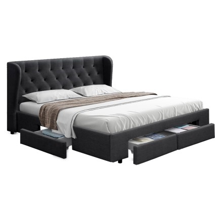 Artiss Mila Queen Size Bed Frame with 4 Drawers, Charcoal - Premium Faux Linen, Tufted Headboard, Sturdy Steel Frame