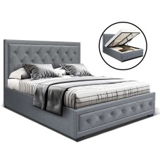 Artiss Tiyo Double Size Gas Lift Bed Frame in Grey - Premium Faux Linen, Storage Function, Scandinavian Tufted Headboard